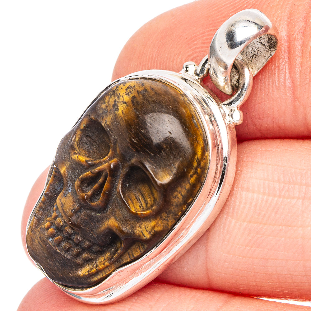 Tiger Eye Skull Pendant 1 3/8" (.925 Sterling Silver)