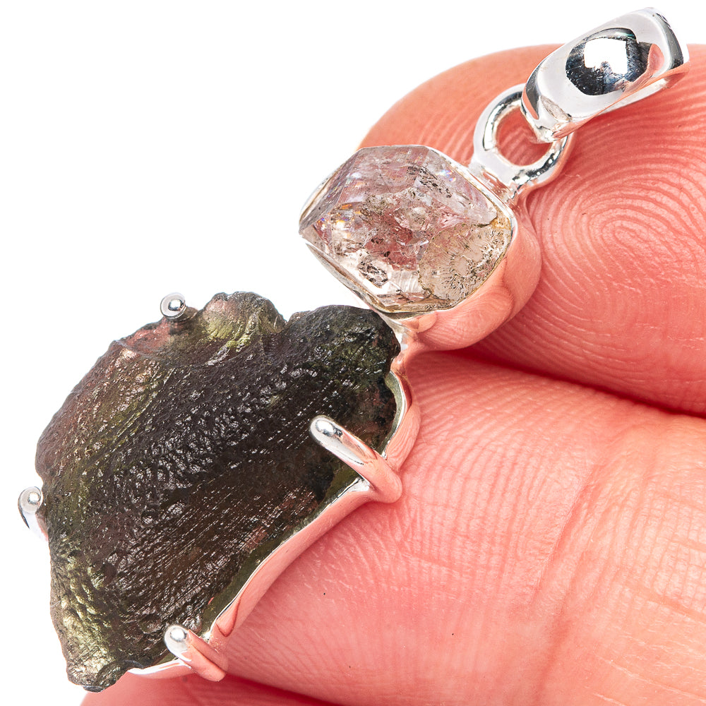 Rare Czech Moldavite, Herkimer Diamond Pendant 1 1/2" (925 Sterling Silver) P39996