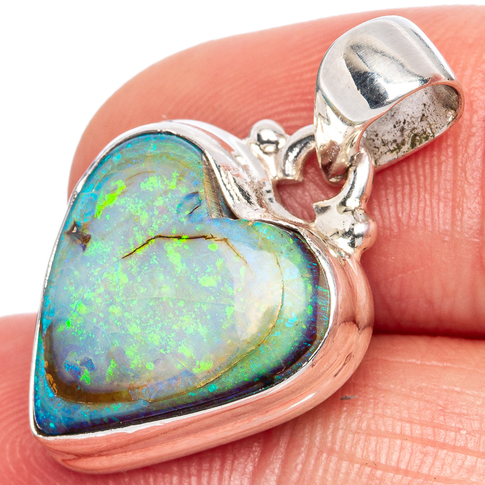 Rare Sterling Opal Heart Pendant 1 1/8" (925 Sterling Silver) P42042