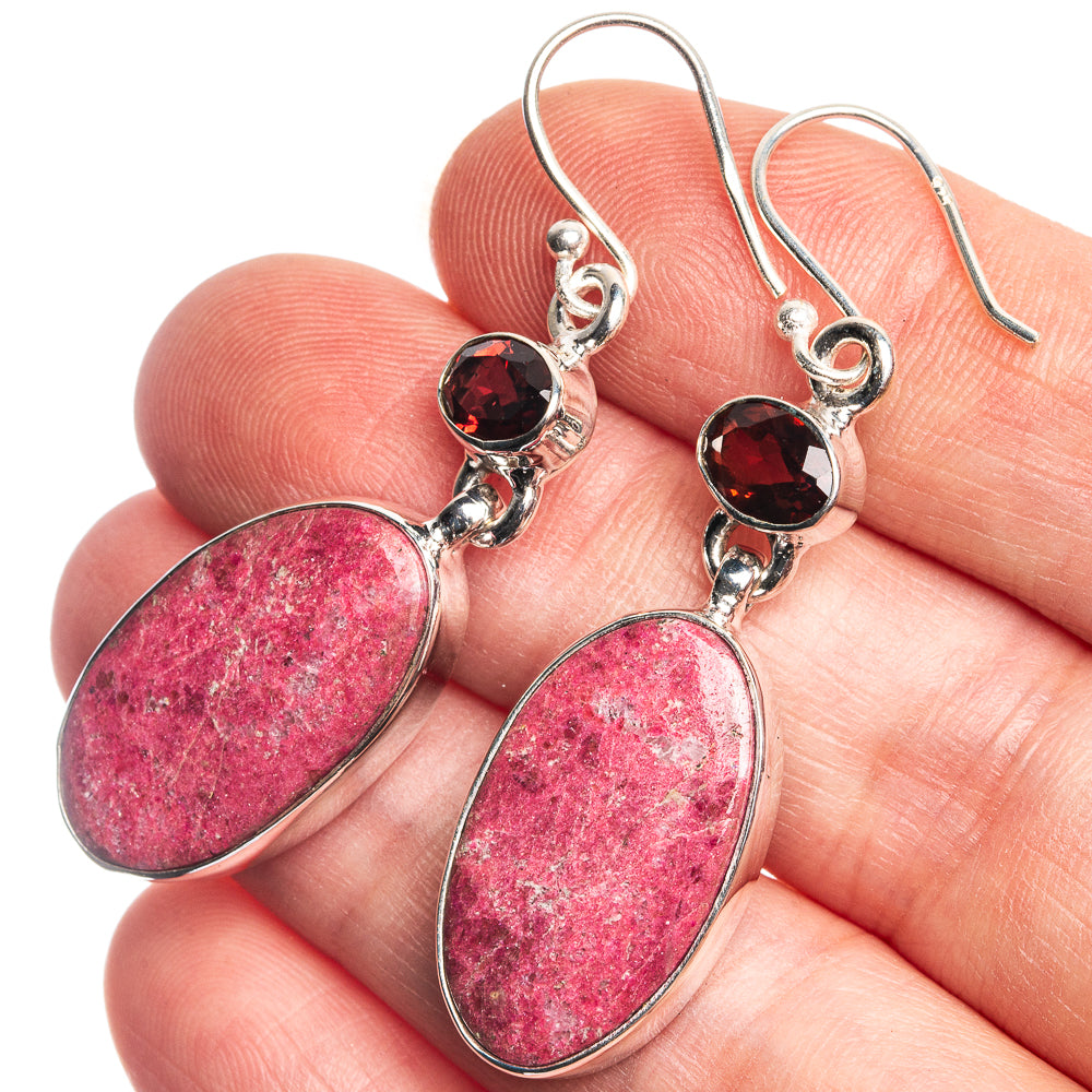 Thulite, Garnet 925 Sterling Silver Earrings 2"