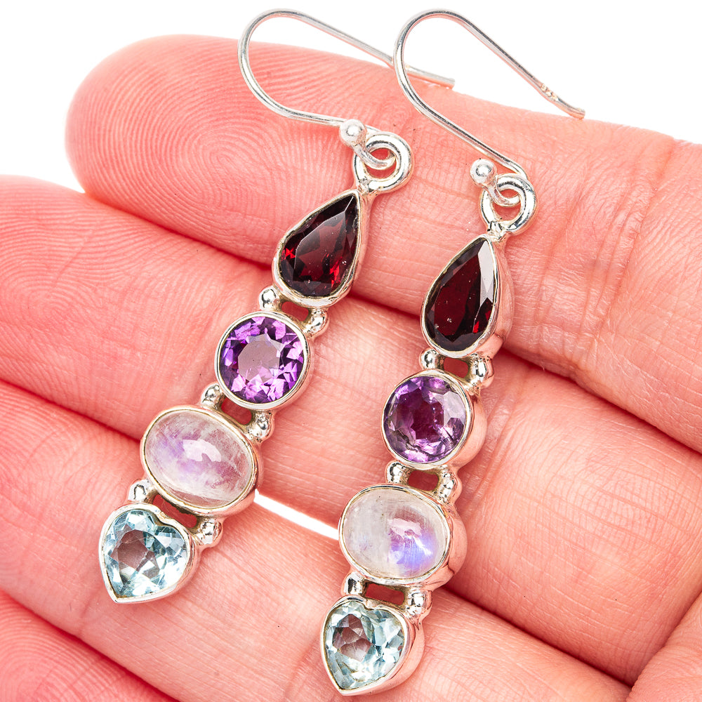 Rainbow Moonstone, Amethyst, Garnet, Blue Topaz Earrings 1 7/8" (925 Sterling Silver) E433077