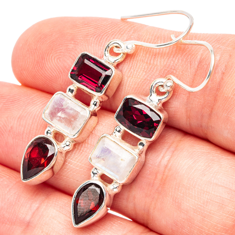 Rainbow Moonstone, Garnet 925 Sterling Silver Earrings 1 5/8" (925 Sterling Silver) E2224