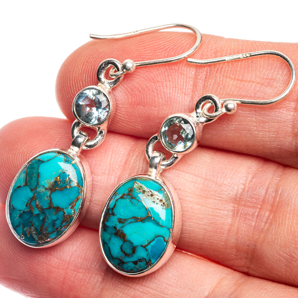 Blue Copper Composite Turquoise, Blue Topaz Earrings 1 5/8" (925 Sterling Silver) E432639