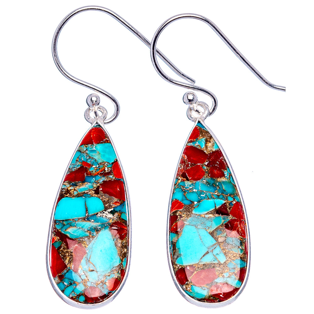 Coral Turquoise Matrix Earrings 1 5/8" (.925 Sterling Silver)