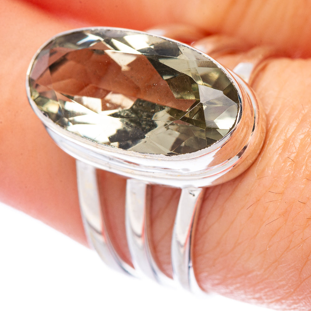 Faceted Green Amethyst Ring Size 7.75 (925 Sterling Silver) R1744