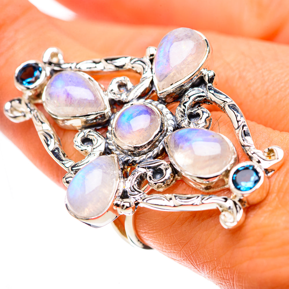 Signature Large Rainbow Moonstone, Blue Topaz Ring Size 8.25 (925 Sterling Silver) RING138305
