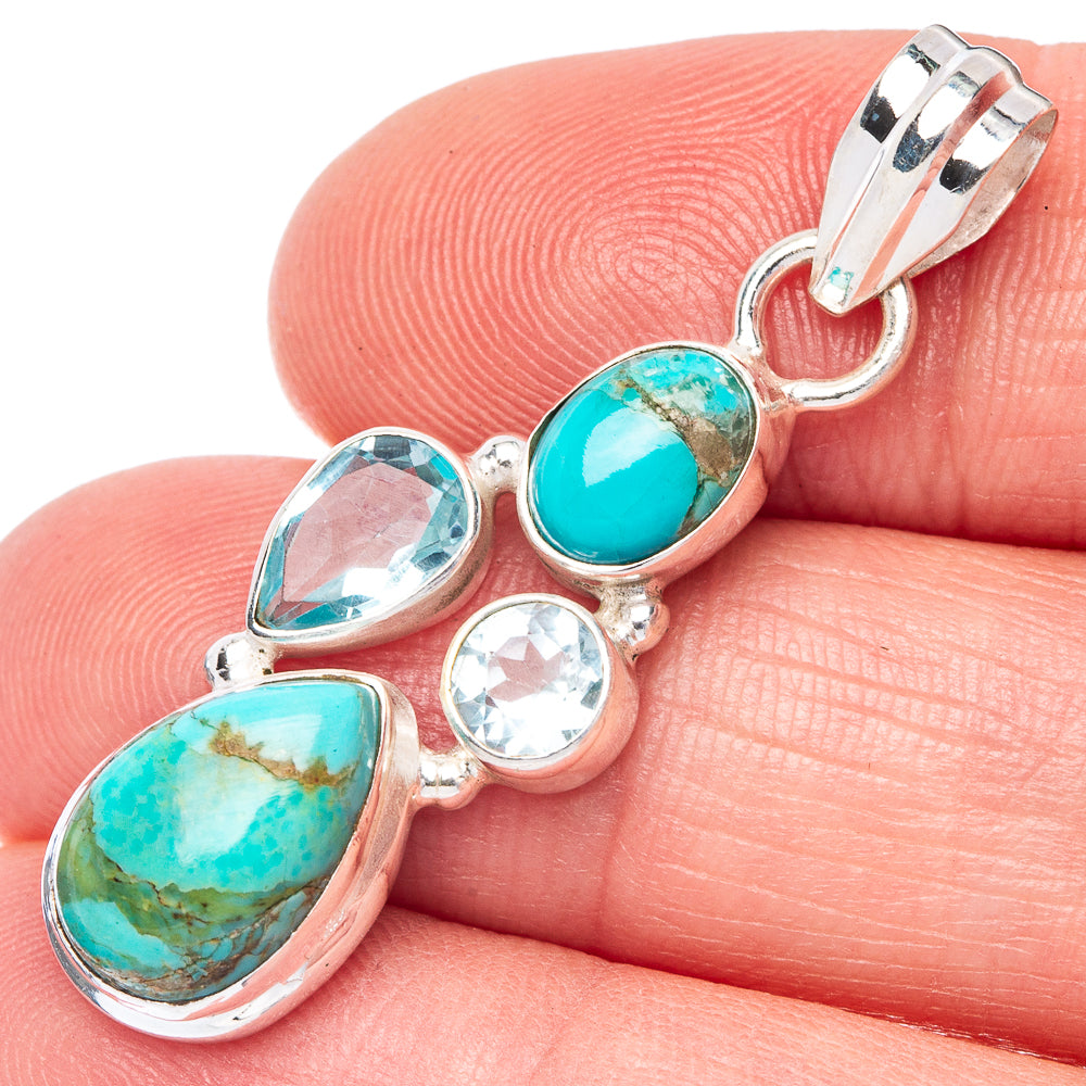 Rare Kingman Turquoise, Blue Topaz Pendant 1 5/8" (925 Sterling Silver) P41020