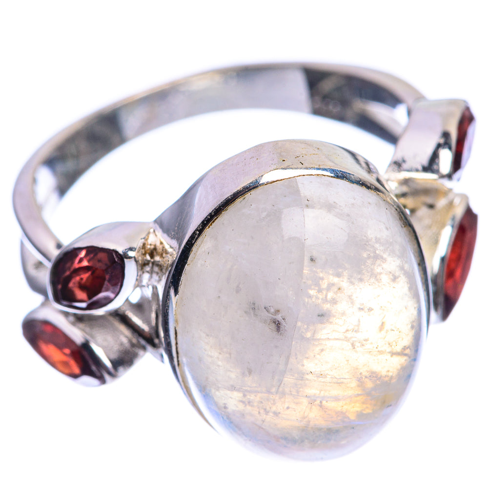 Rainbow Moonstone, Garnet 925 Sterling Silver Ring Size 8.5