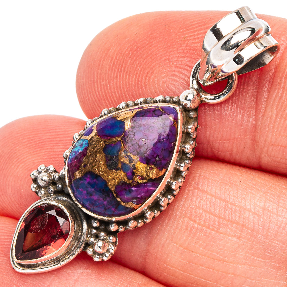 Purple Copper Composite Turquoise, Garnet Pendant 1 1/2" (925 Sterling Silver) P44913