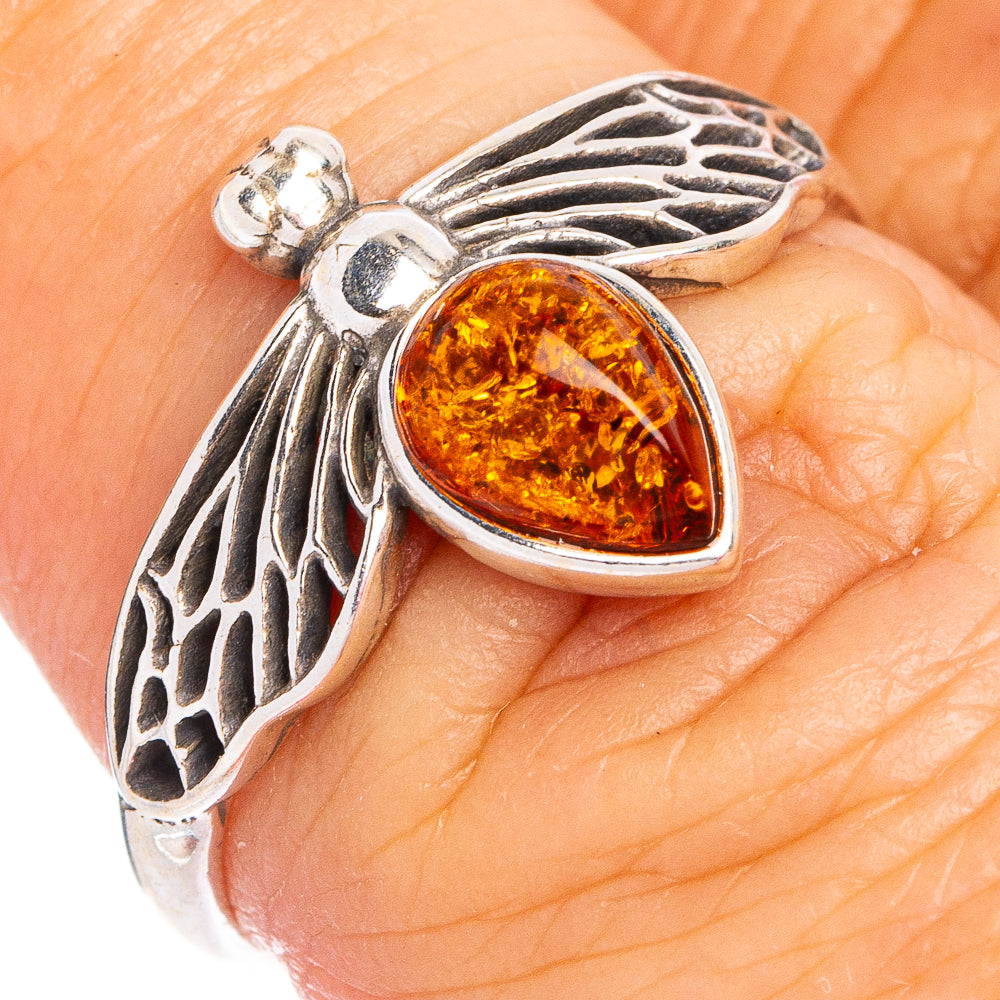 Baltic Amber Honey Bee Ring Size 7 (.925 Sterling Silver)