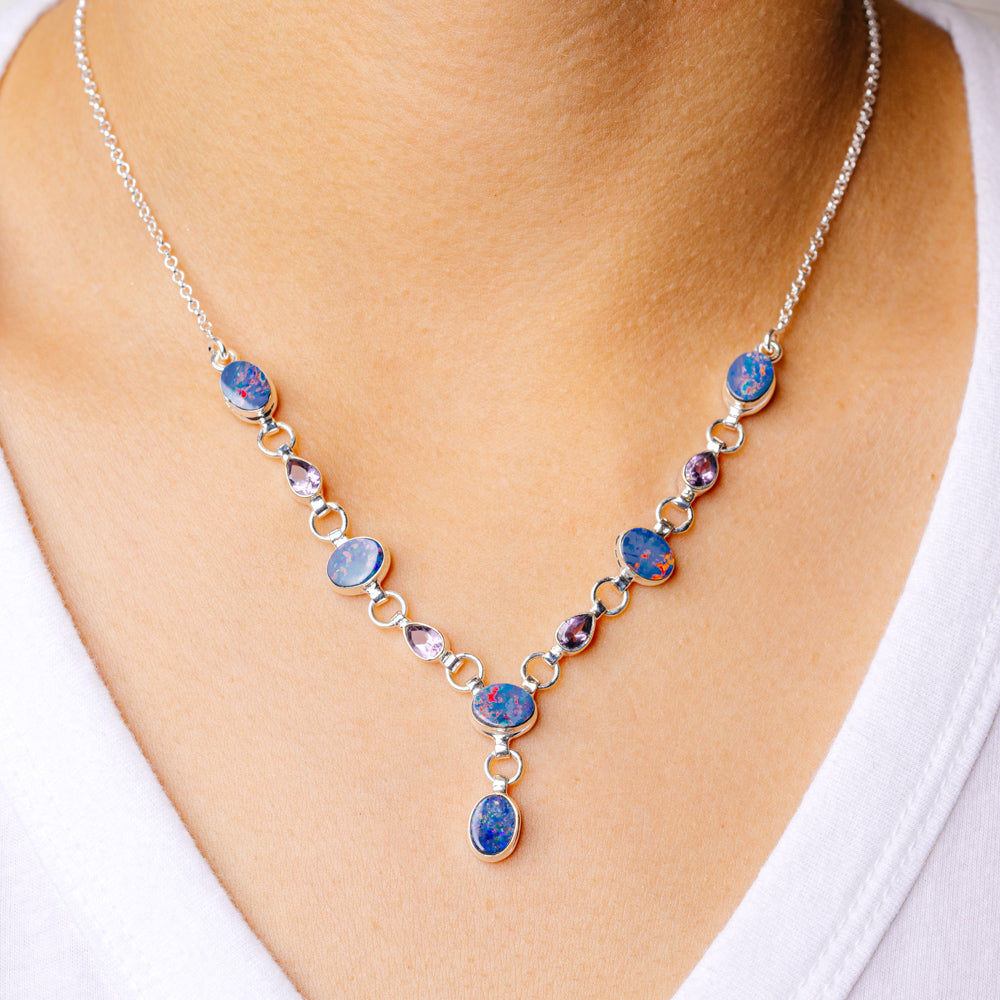 Rare Doublet Opal Necklace 17 To 18 7/8" (925 Sterling Silver) N90138
