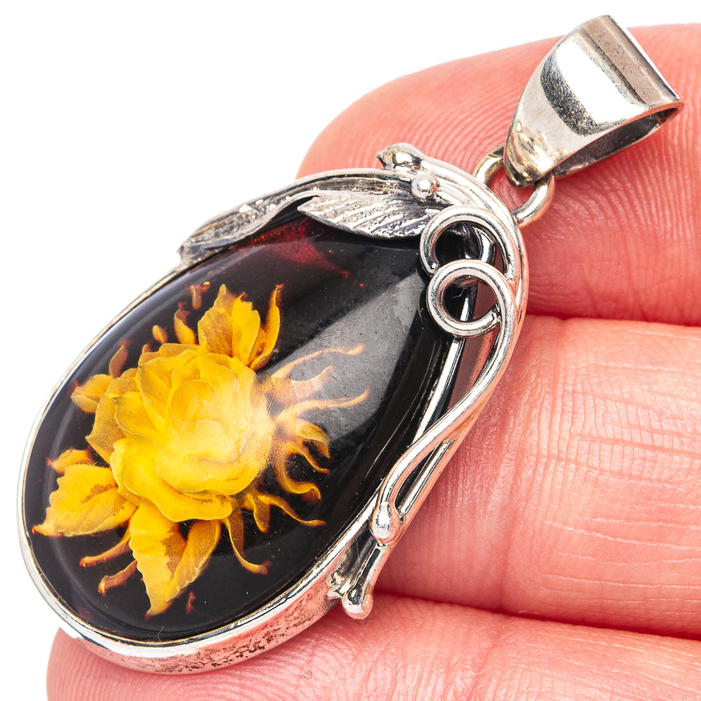 Amber Intaglio Rose Pendant 1 5/8" (925 Sterling Silver) P42552