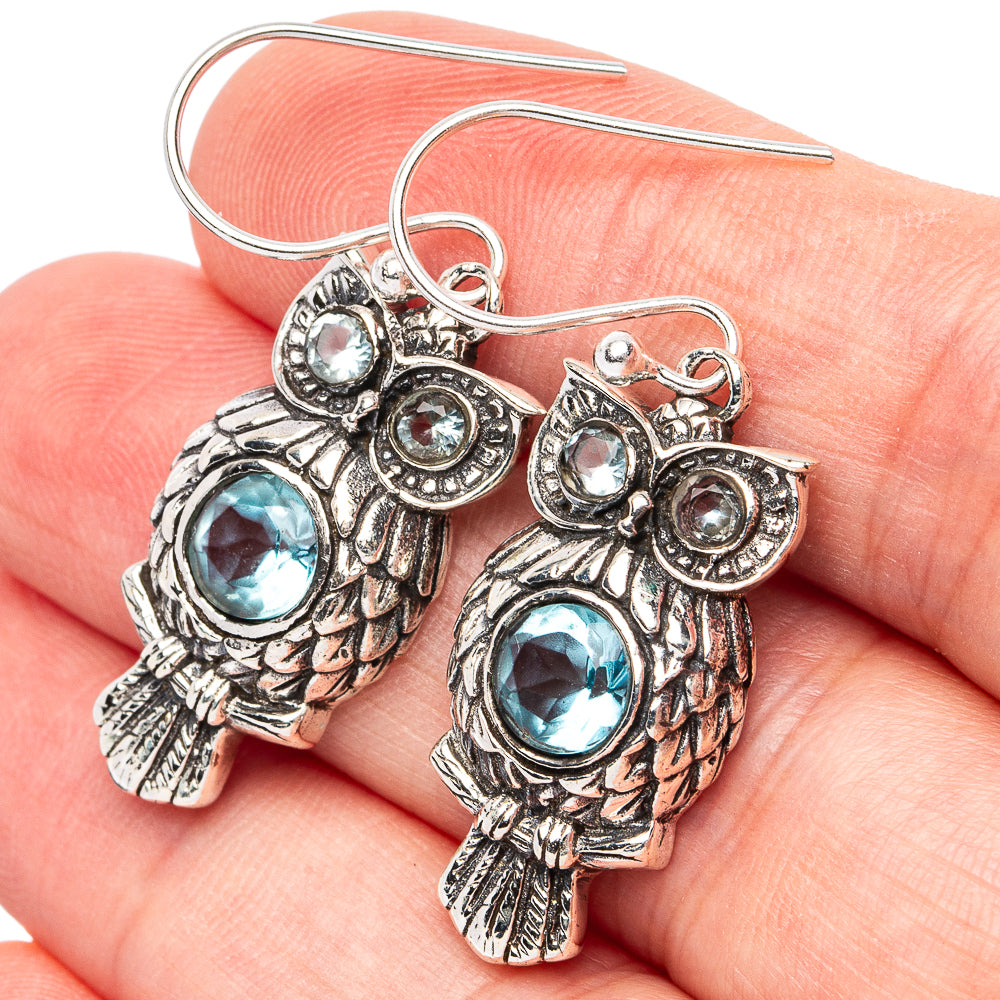 Blue Topaz Owl Earrings 1 5/8" (925 Sterling Silver) E3009