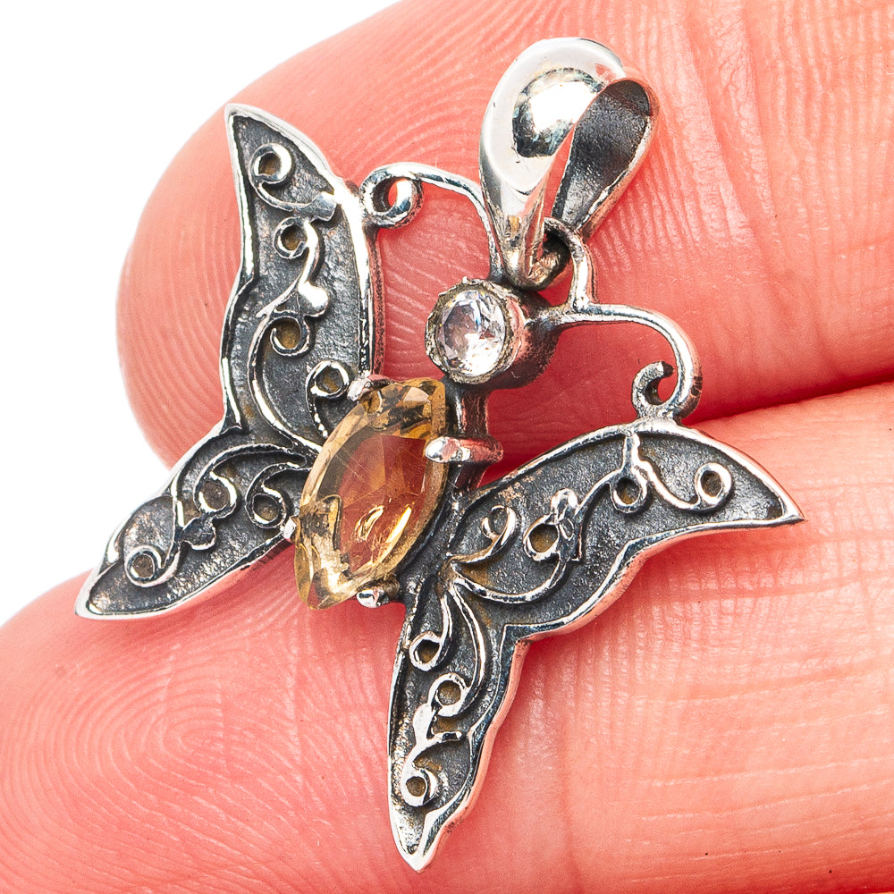 Dainty Citrine, White Quartz Butterfly Pendant 1" (925 Sterling Silver) P45358