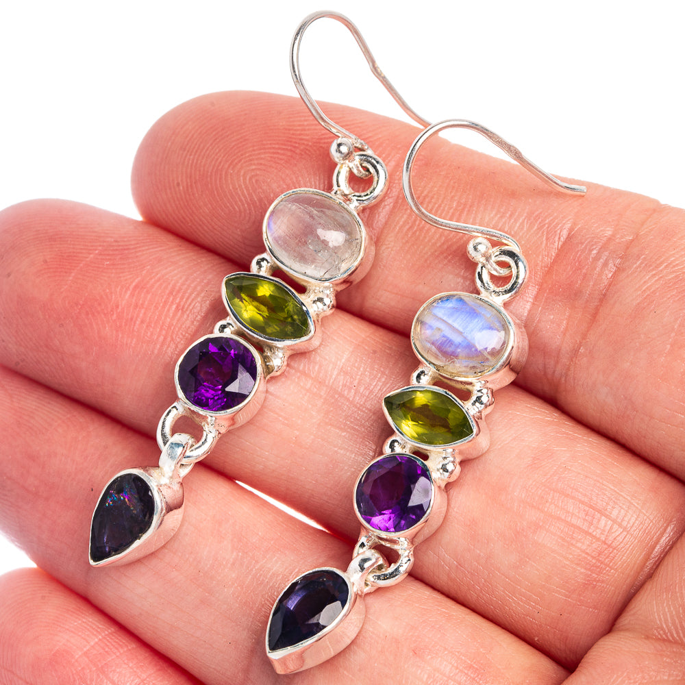 Rainbow Moonstone, Peridot, Amethyst, Tanzanite Earrings 2" (925 Sterling Silver) E433027