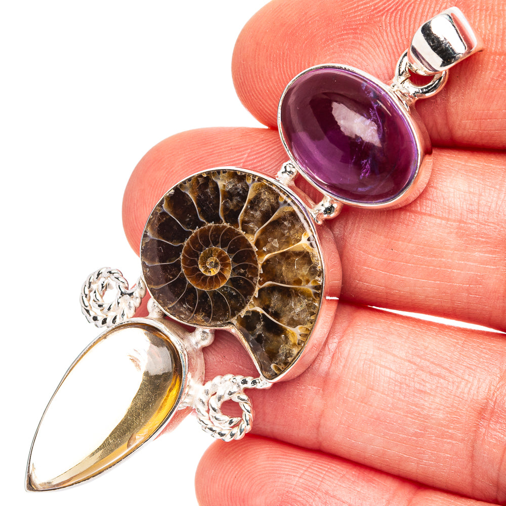 Premium Ammonite Fossil, Citrine, Amethyst Pendant 2 3/8" (.925 Sterling Silver)