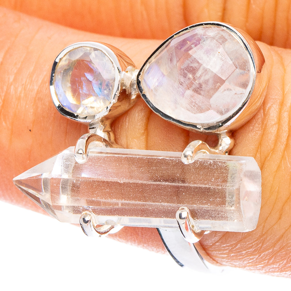 Quartz Point, Rainbow Moonstone 925 Sterling Silver Premium Ring Size 7.75 (925 Sterling Silver) R6596