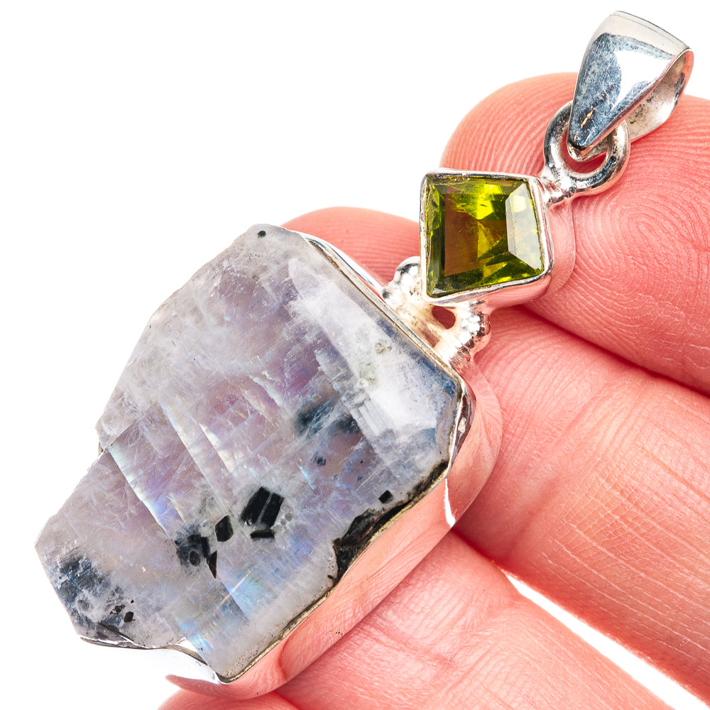 Raw Rainbow Moonstone, Peridot Pendant 1 7/8" (925 Sterling Silver) P39316