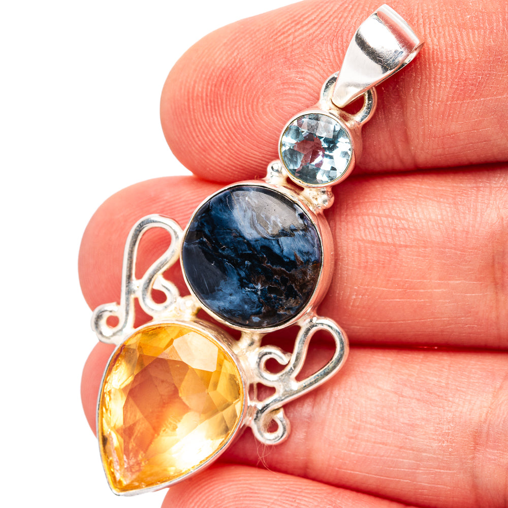 Premium Pietersite, Rainbow Moonstone, Amethyst Pendant 1 7/8" (.925 Sterling Silver)