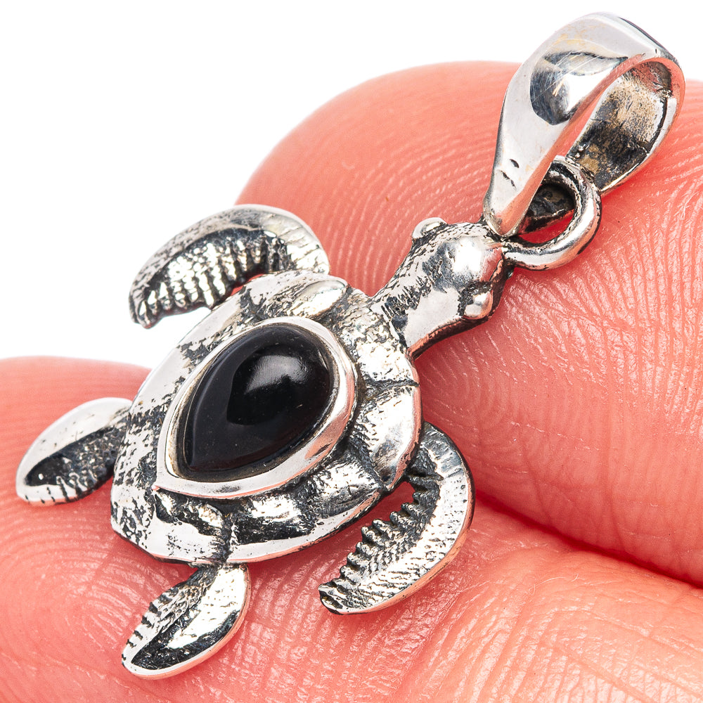 Black Onyx Seaturtle Dainty Pendant 1 1/8" (925 Sterling Silver) P43552