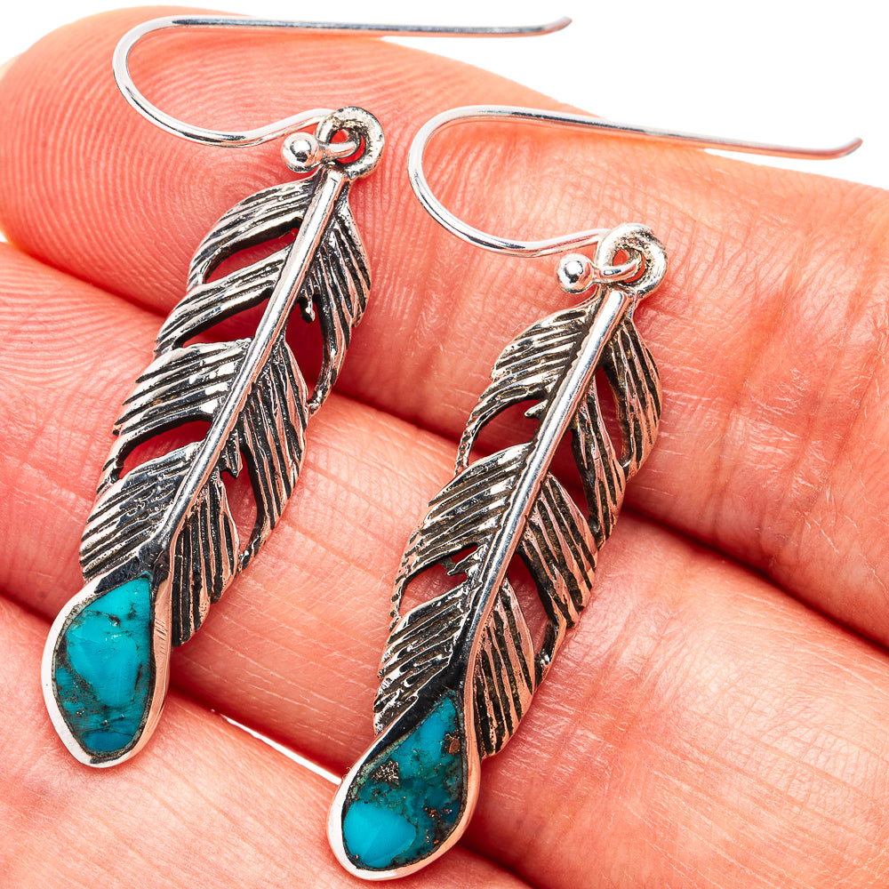 Native Style Mohave Turquoise Feather Earrings 1 5/8" (.925 Sterling Silver)