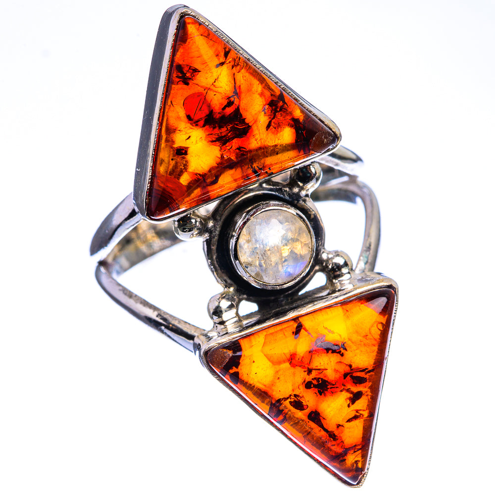 Large Baltic Amber, Rainbow Moonstone Ring Size 8 (925 Sterling Silver) R142473