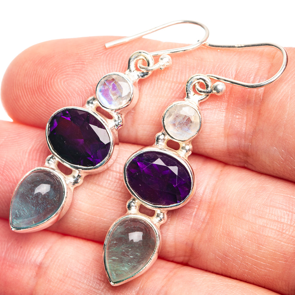Amethyst, Aquamarine, Rainbow Moonstone Earrings 1 3/4" (925 Sterling Silver) E432719