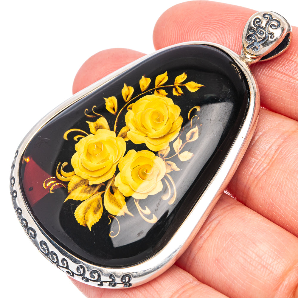 Amber Intaglio Rose Pendant 2 3/8" (925 Sterling Silver) P42590