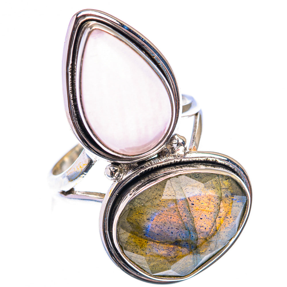 Large Labradorite, Rose Quartz Ring Size 8 (925 Sterling Silver) RING140070