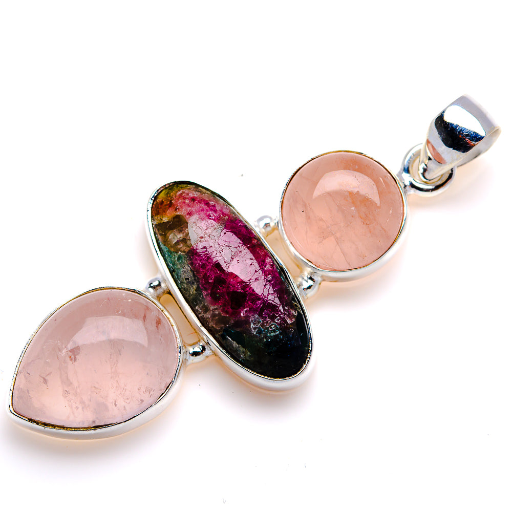 Natural Tourmaline, Rose Quartz Pendant 2" (925 Sterling Silver) PD38088