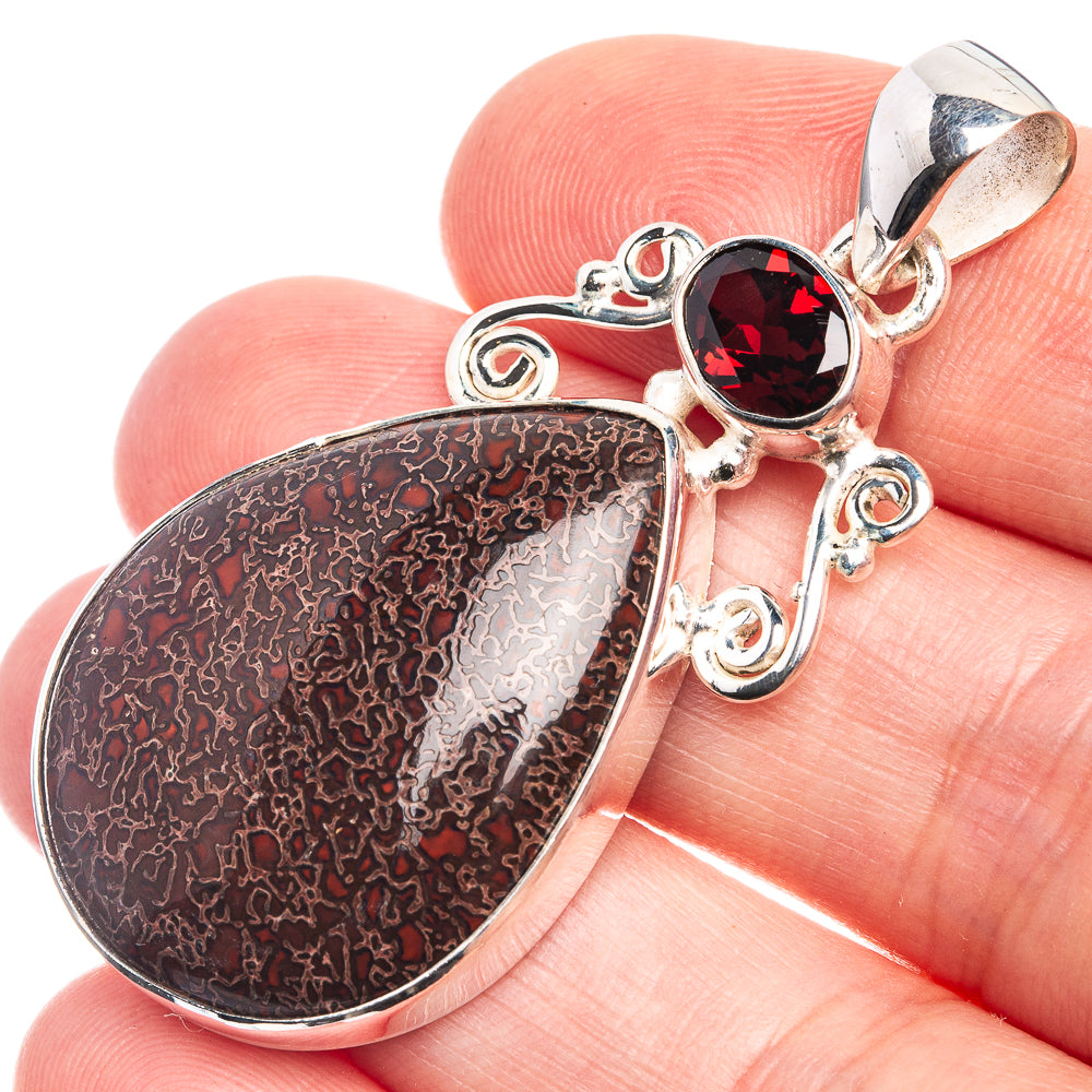 Dinosaur Bone, Garnet 925 Sterling Silver Pendant 1 7/8"