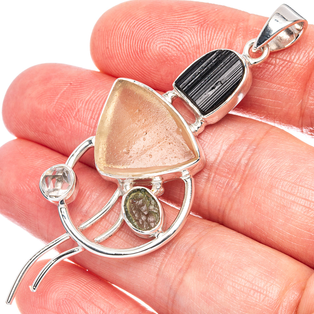 Signature Libyan Desert Glass, Moldavite, Black Tourmaline, Herkimer Diamond Pendant 2 1/2" (925 Sterling Silver) P42288