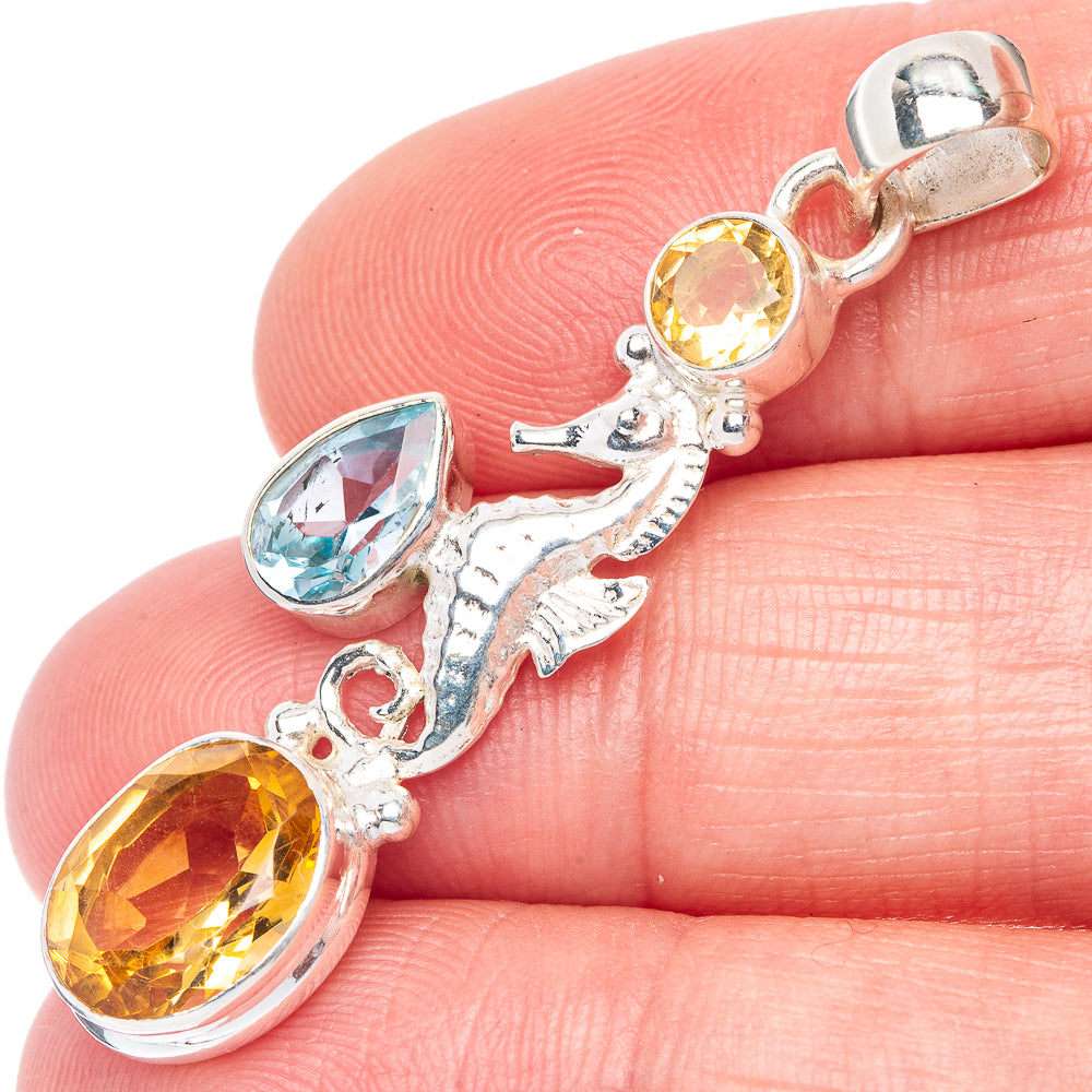 Faceted Citrine, Blue Topaz Seahorse Pendant 1 3/4" (925 Sterling Silver) P41145