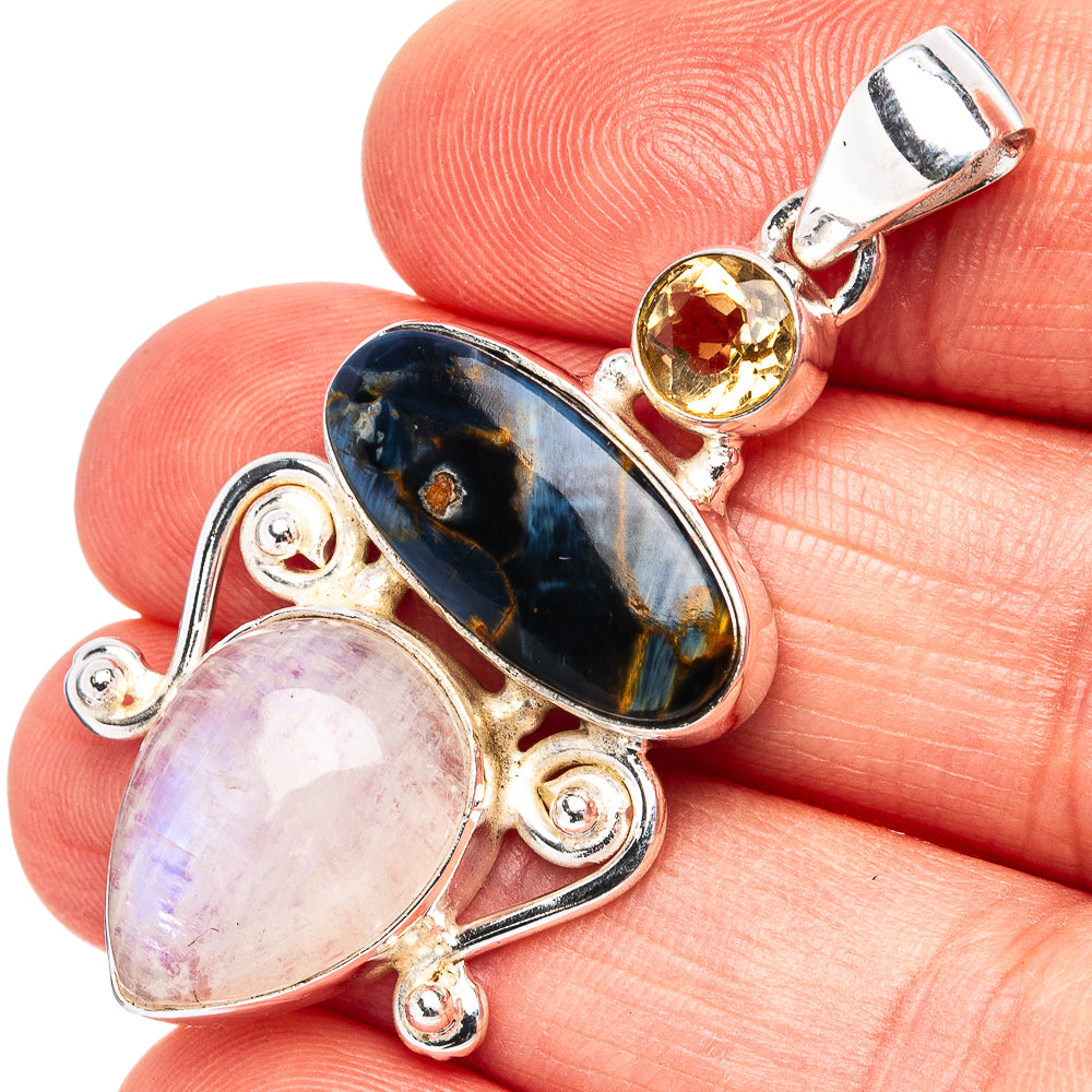 Premium Pietersite, Rainbow Moonstone, Citrine Pendant 1 3/4" (.925 Sterling Silver)