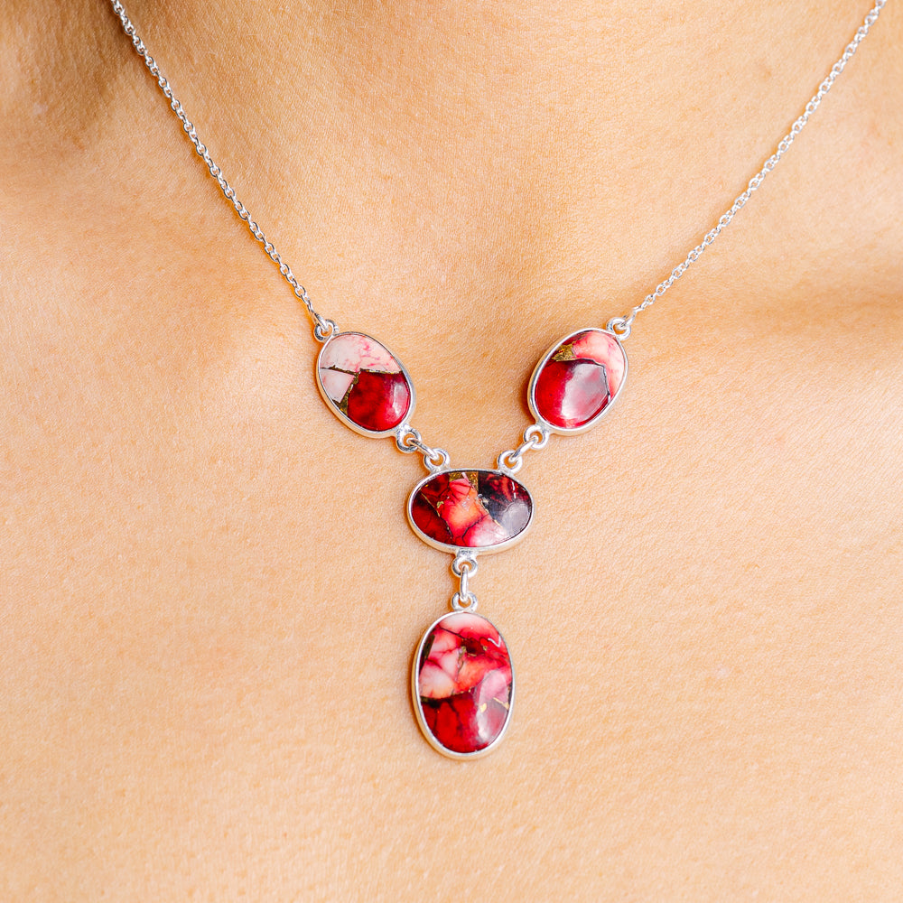 Red Dahlia Mohave Turquoise Necklace 17 to 18" (.925 Sterling Silver)