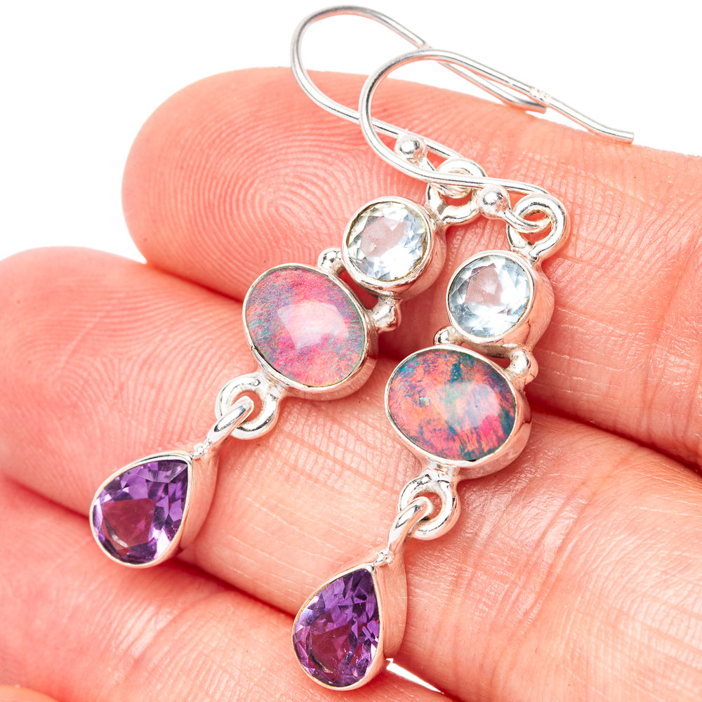 Rare Triple Opal, Amethyst, Blue Topaz Earrings 1 3/4" (925 Sterling Silver) E1518
