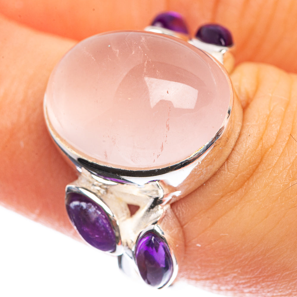 Rose Quartz, Amethyst 925 Sterling Silver Ring Size 7.5