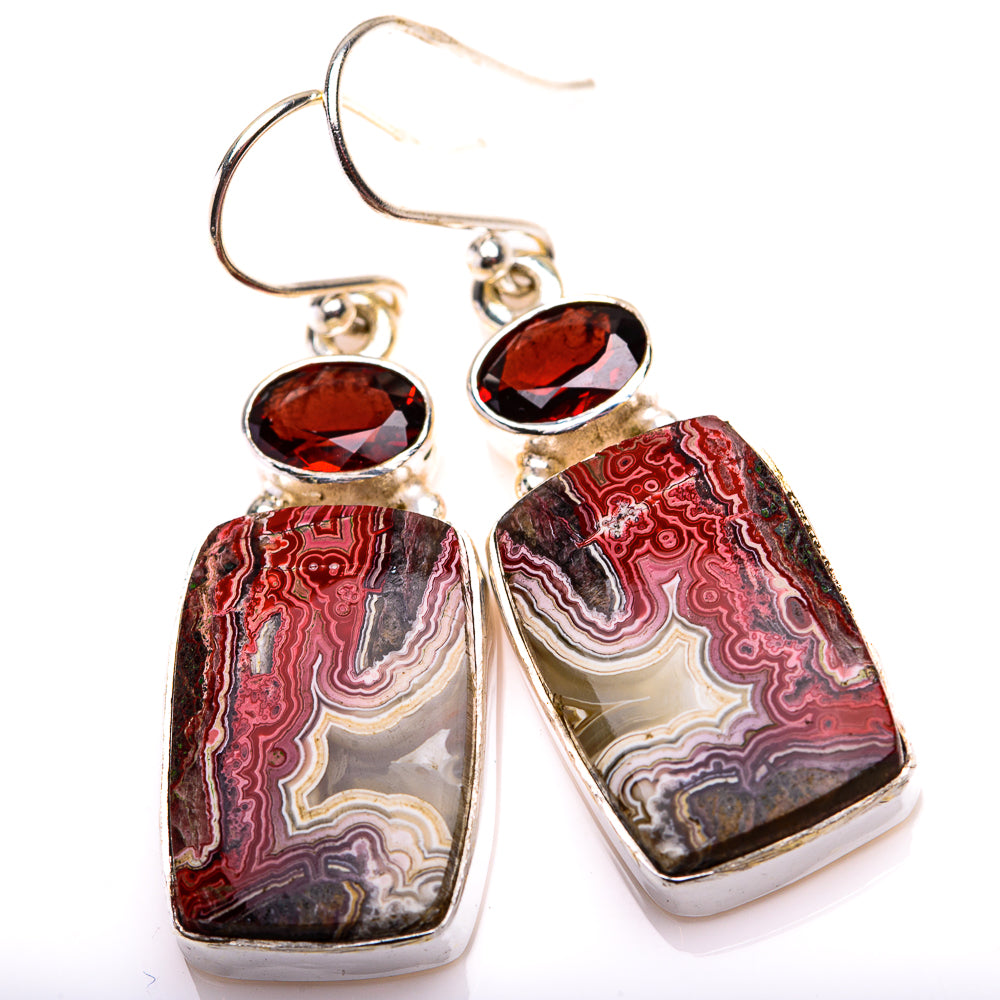Crazy Lace Agate, Garnet Earrings 1 5/8" (925 Sterling Silver) EARR432179
