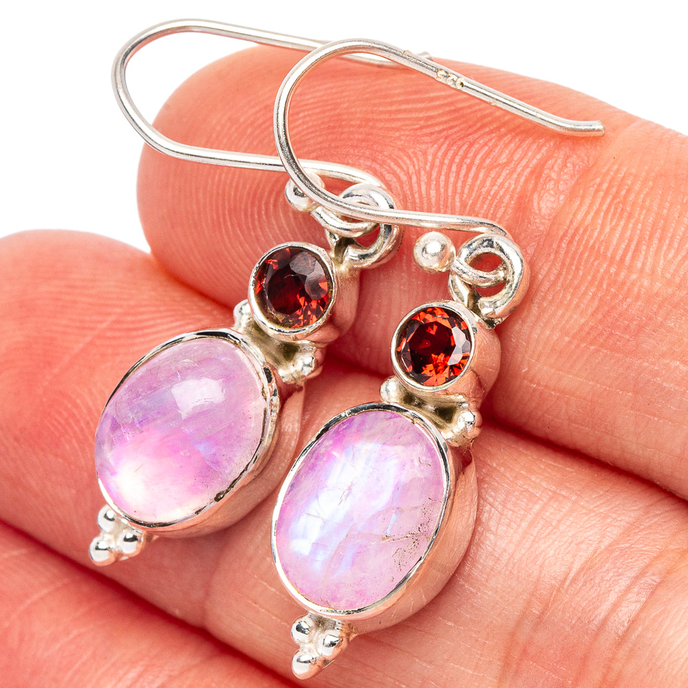 Pink Moonstone, Garnet Earrings 1 3/8" (925 Sterling Silver) E2646