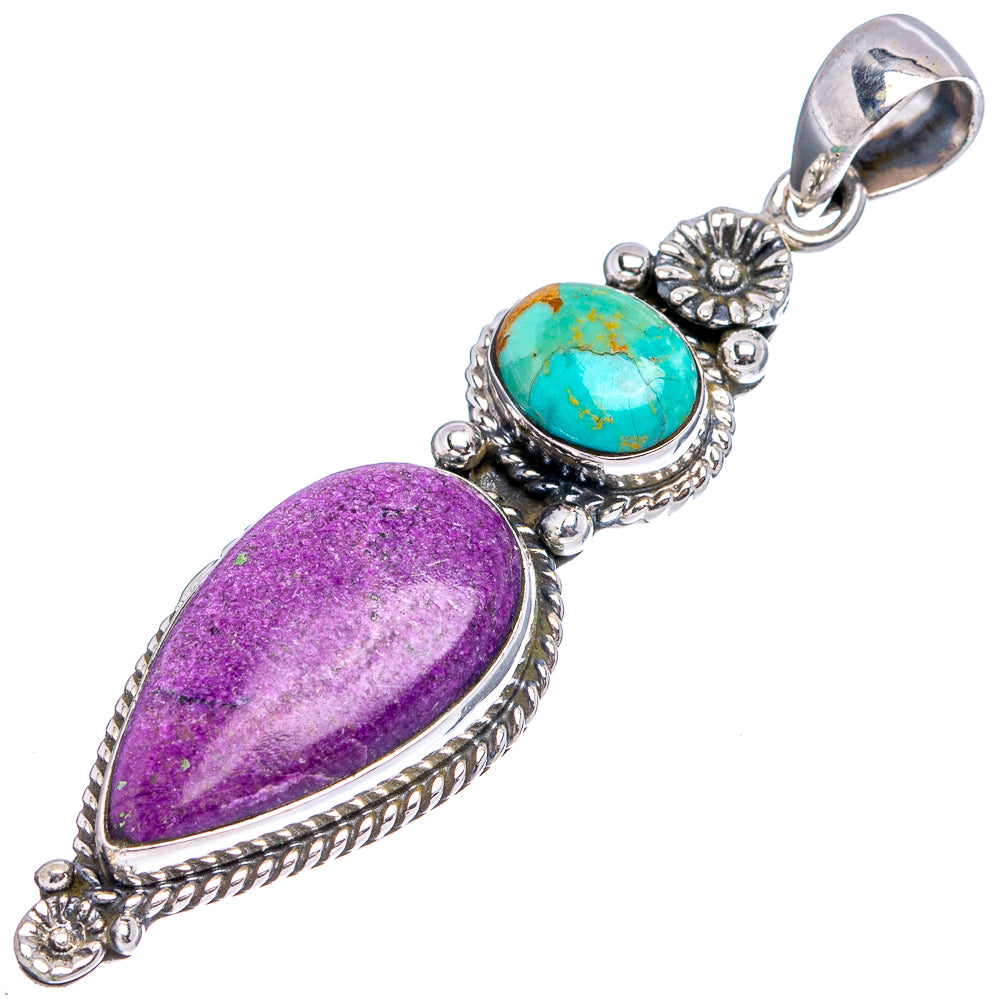 Native Style Stichtite, Mohave Turquoise Pendant 2 1/4" (.925 Sterling Silver)