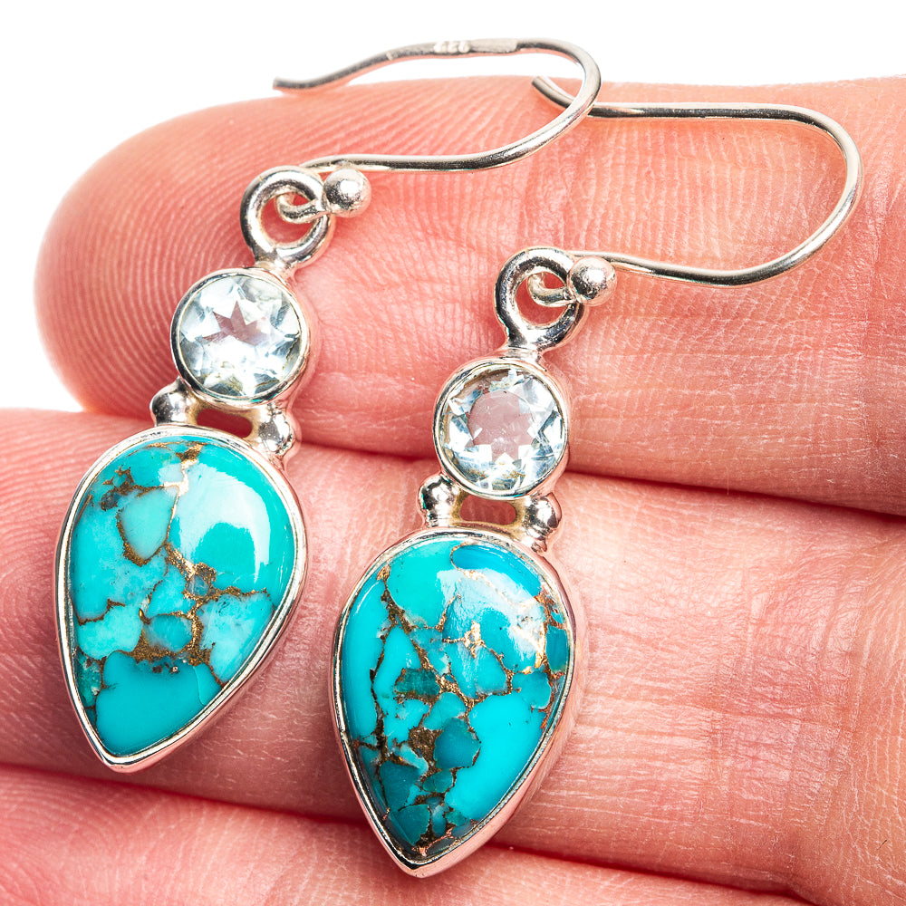 Blue Copper Composite Turquoise, Blue Topaz Earrings 1 1/2" (925 Sterling Silver) E432669