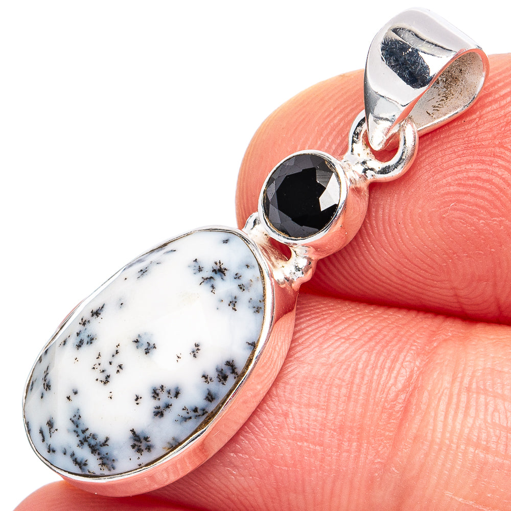 Dainty Dendritic Opal, Black Onyx Pendant 1 3/8" (925 Sterling Silver) P45263