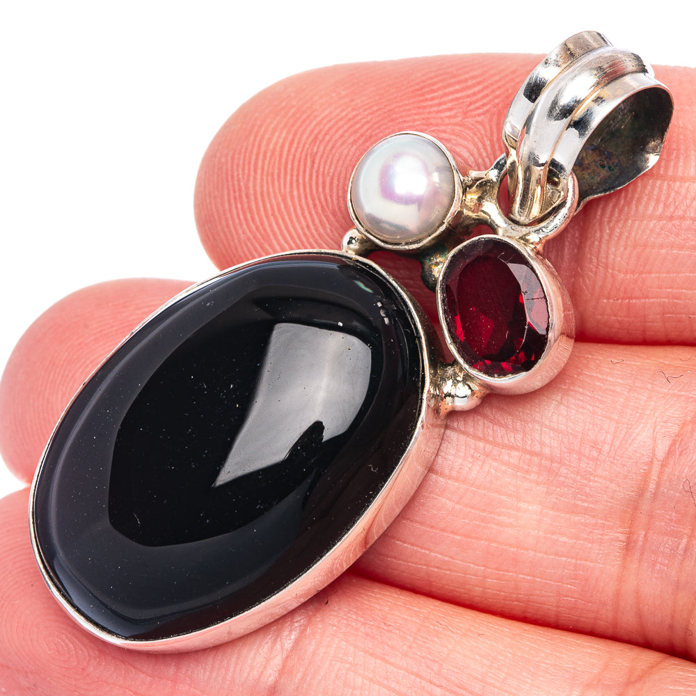Black Onyx, Garnet, Cultured Pearl Pendant 1 7/8" (925 Sterling Silver) P40043