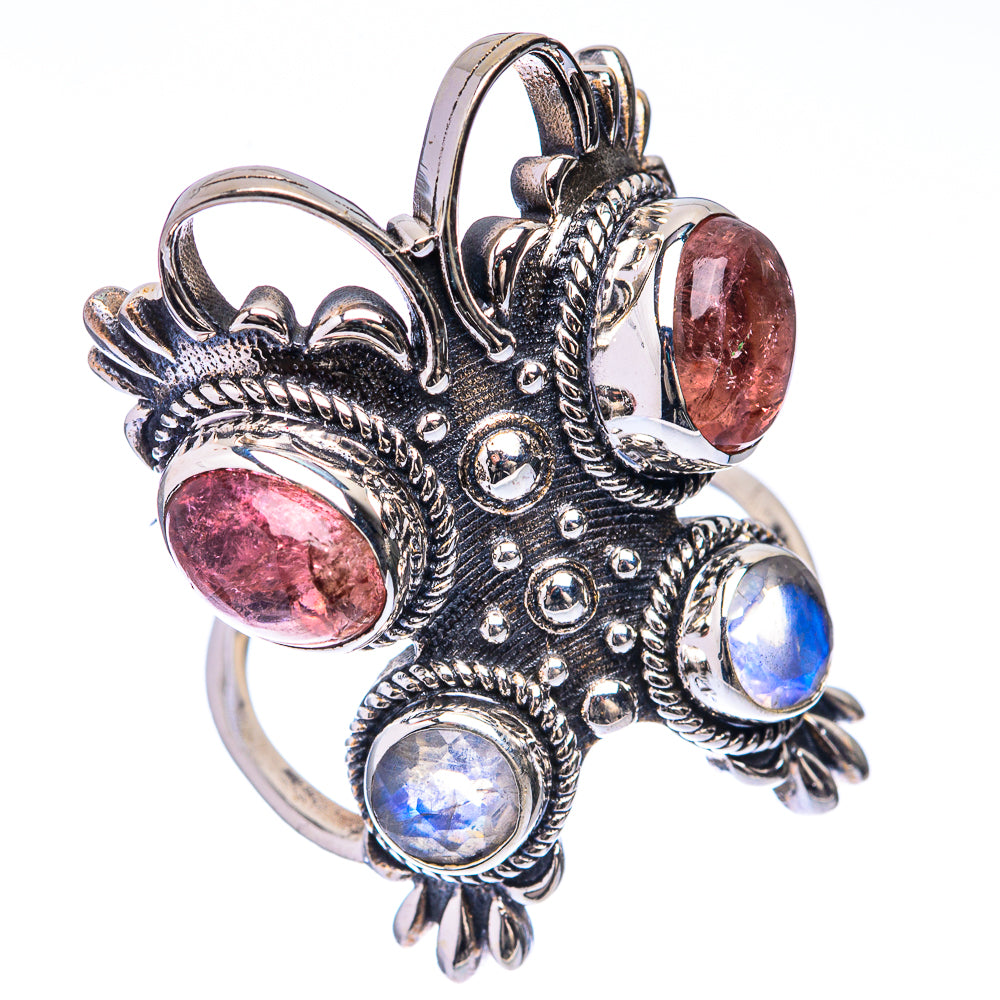 Large Pink Tourmaline, Rainbow Moonstone Ring Size 6.5 (925 Sterling Silver) R141658