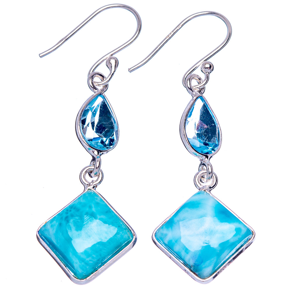 Rare Larimiar, Blue Topaz Earrings 1 3/4" (.925 Sterling Silver)