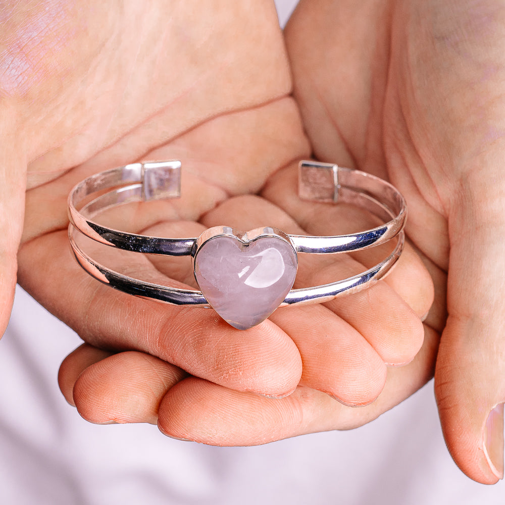 Rose Quartz Cuff Bracelet Adjustable (.925 Sterling Silver)