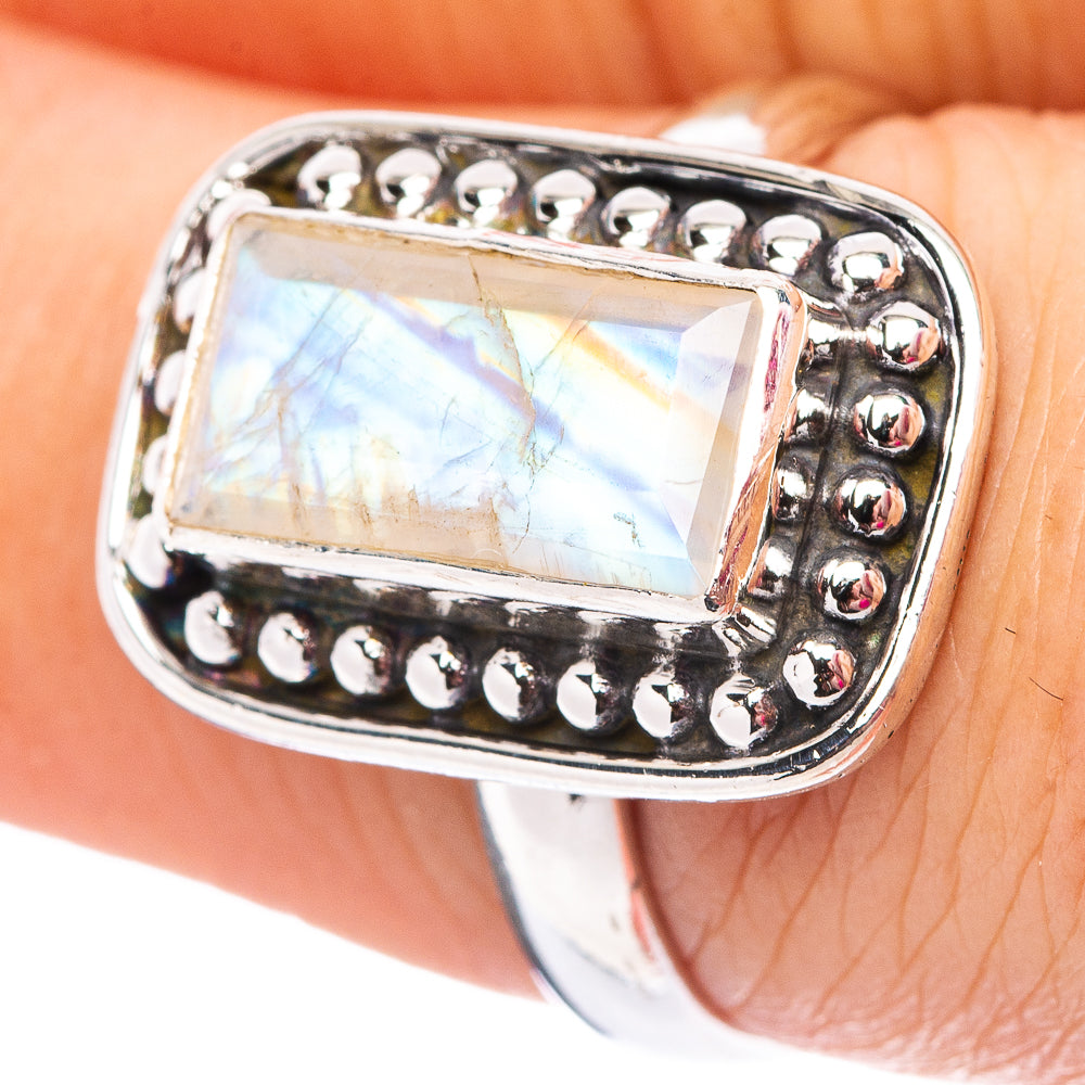 Faceted Rainbow Moonstone Ring Size 7.5 (.925 Sterling Silver)