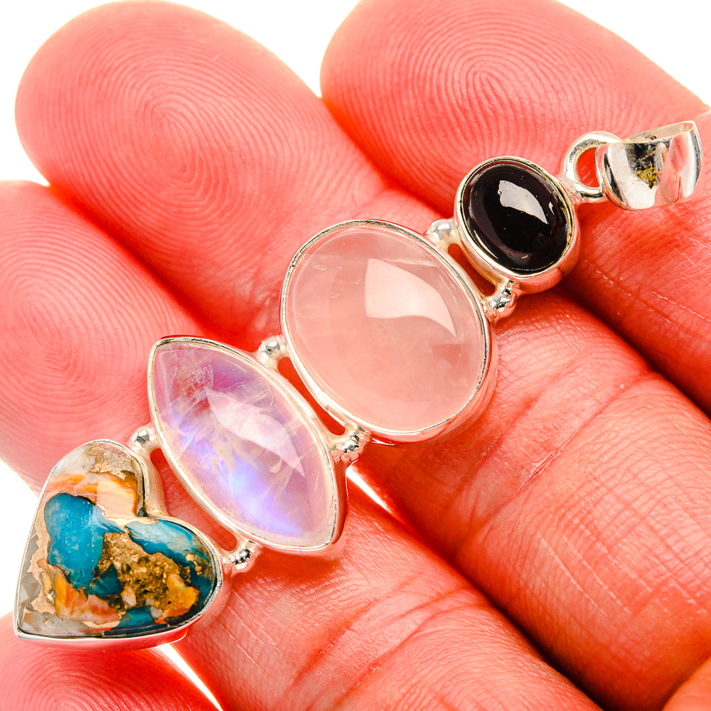 Rose Quartz, Rainbow Moonstone, Spiny Oyster Turquoise, Garnet Pendant 2 1/4" (925 Sterling Silver) PD38134