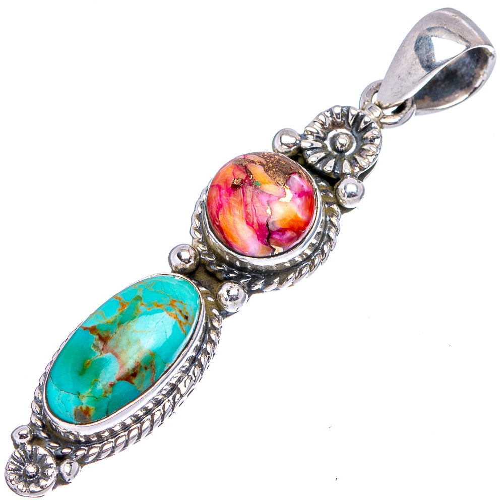 Native Style Pink Dahlia Mohave Turquoise, Mohave Turquoise Pendant 1 7/8" (.925 Sterling Silver)