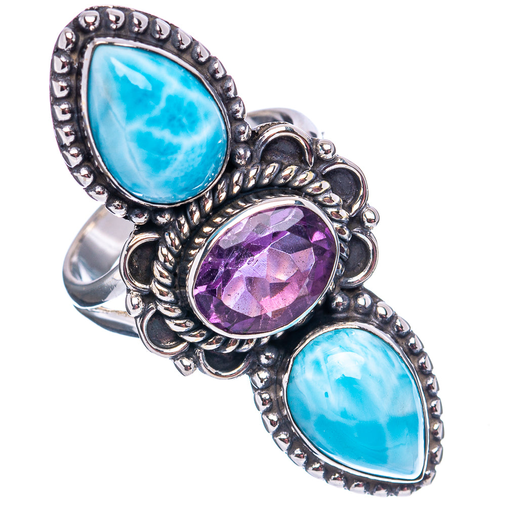 Premium Larimar, Amethyst Ring Size 7 (.925 Sterling Silver)